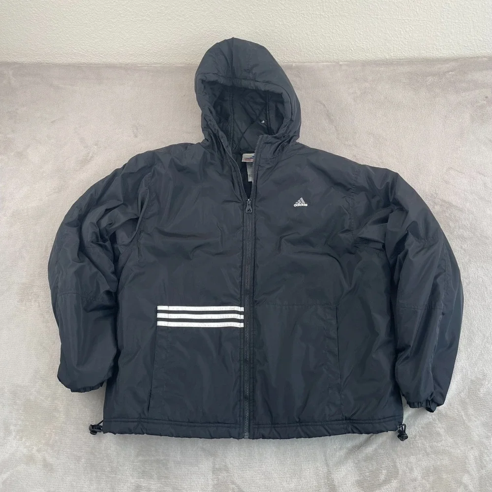 Vintage Adidas Full Zip Quilt Lined‎ Jacket Men Large Black Hooded Cinch Waist